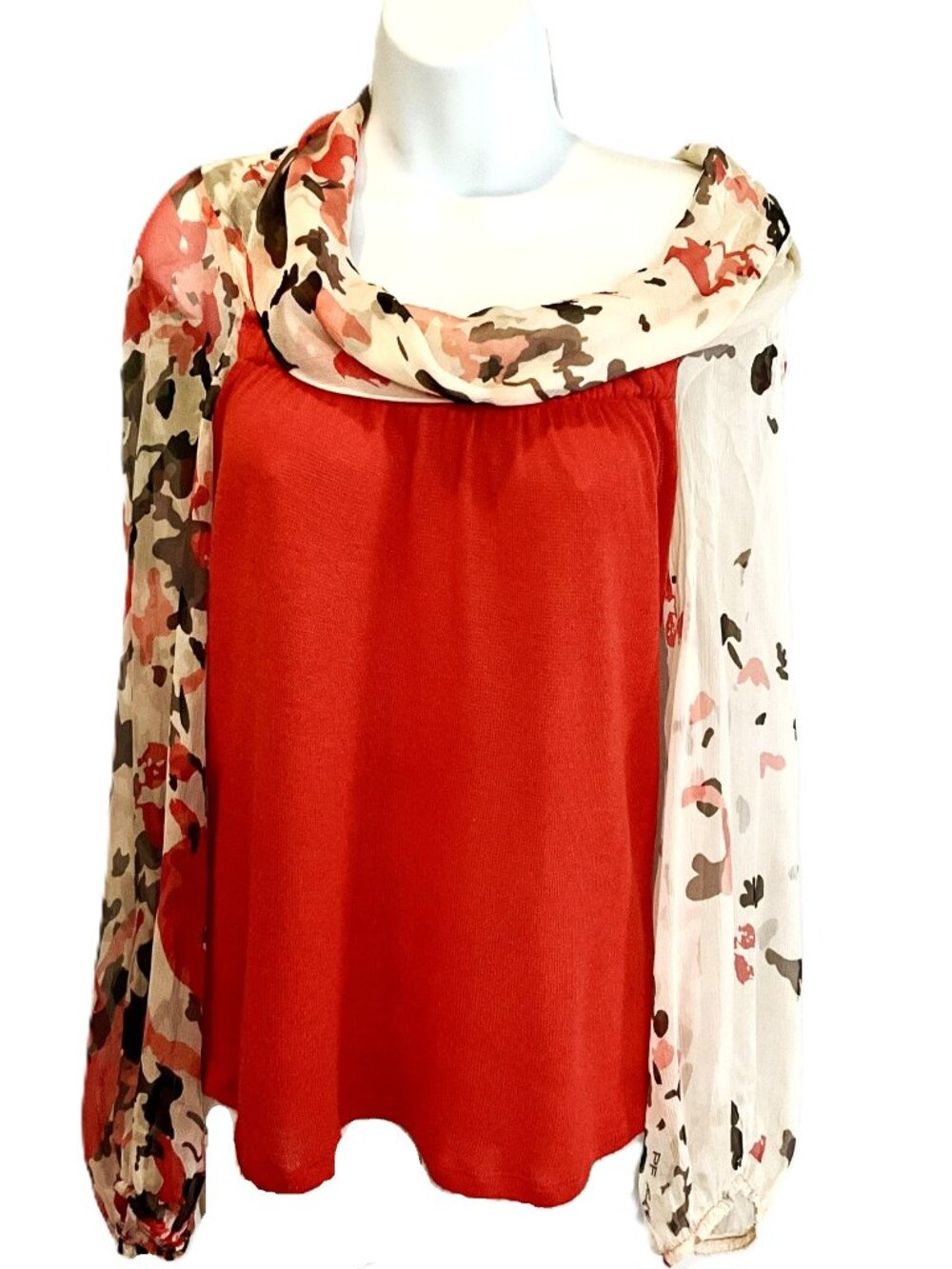 Paola Frani PF Silk Chiffon Blouse Orange Floral Sheer Sleeves Size IT 44 Italy